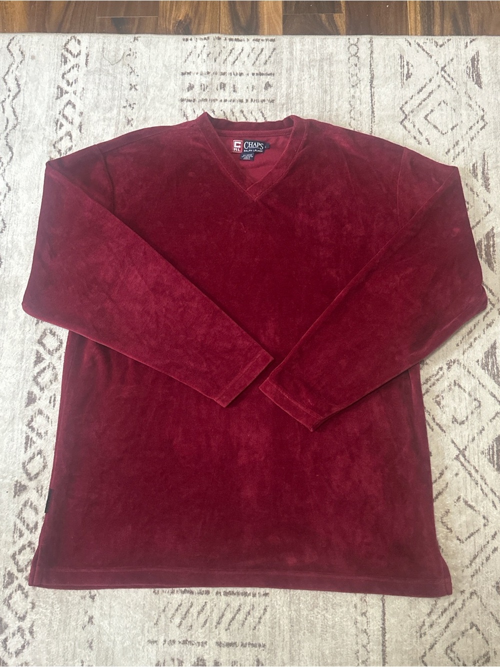 Vintage Chaps Ralph Lauren  Men's V-Neck Velour Sweater - Burgundy